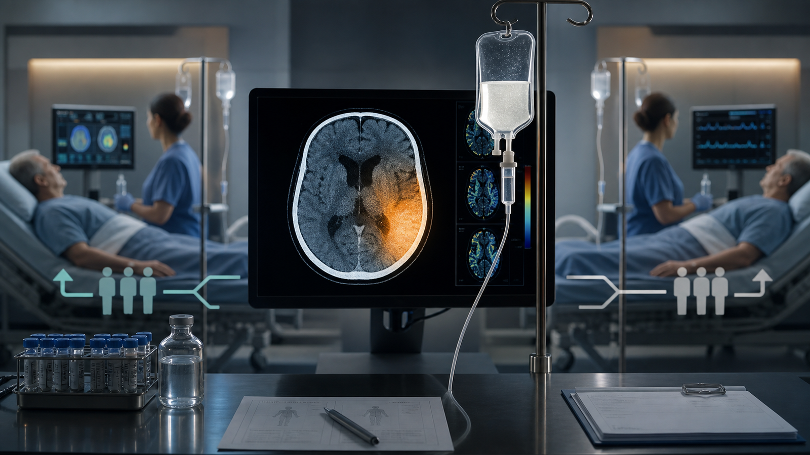 Editorial illustration of acute ischemic stroke imaging, IV infusion, and parallel placebo-controlled trial arms