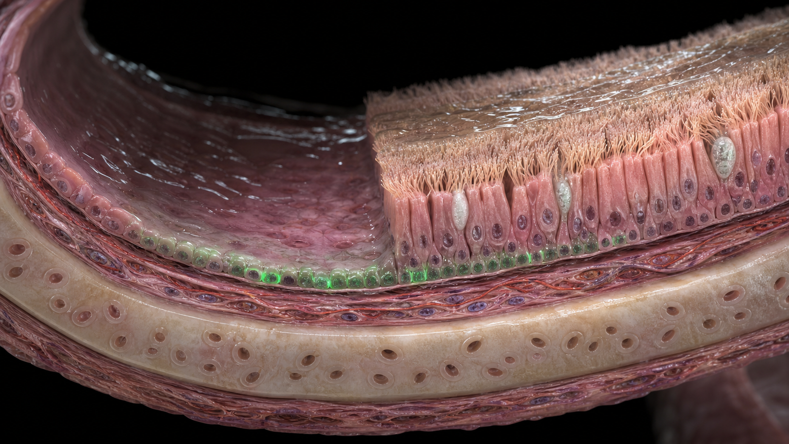 Editorial illustration of donor airway basal cells integrating into a damaged tracheal lining and producing ciliated and secretory cells