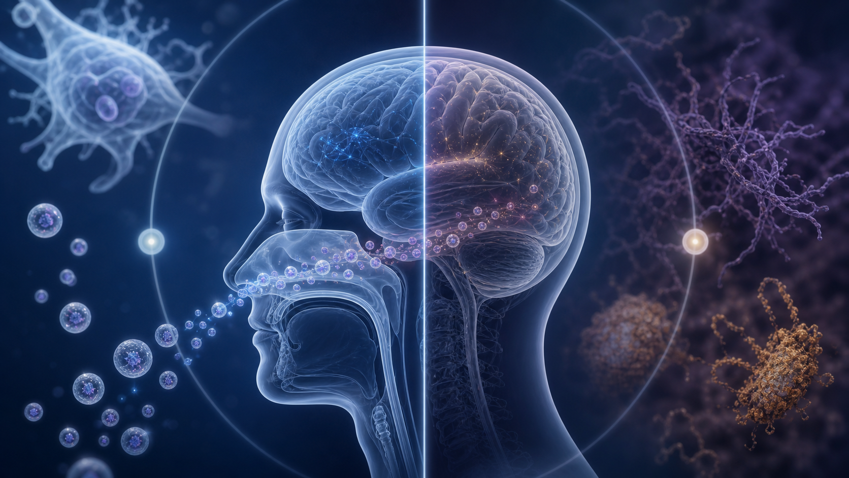 Editorial illustration of intranasal MSC-exosome delivery being tested in an early Alzheimer’s trial