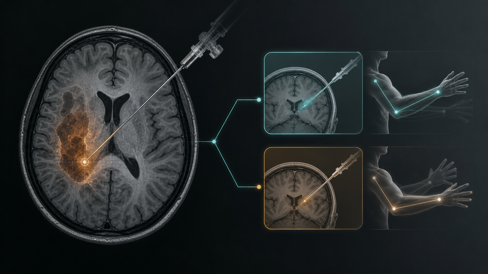 Editorial illustration of chronic ischemic stroke neural cell therapy, intracerebral delivery, sham control, and motor assessment