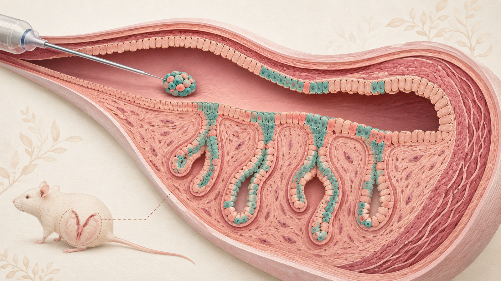 Editorial cutaway of organoid cells integrating into the luminal and glandular epithelium of a mouse uterine horn