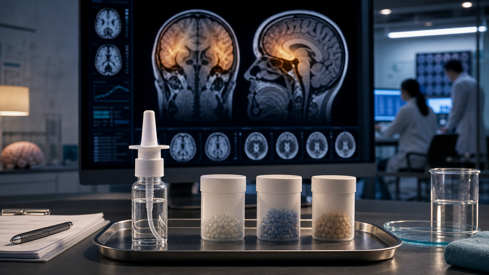Editorial illustration of frontotemporal dementia imaging, intranasal spray delivery, and three clinical trial arms