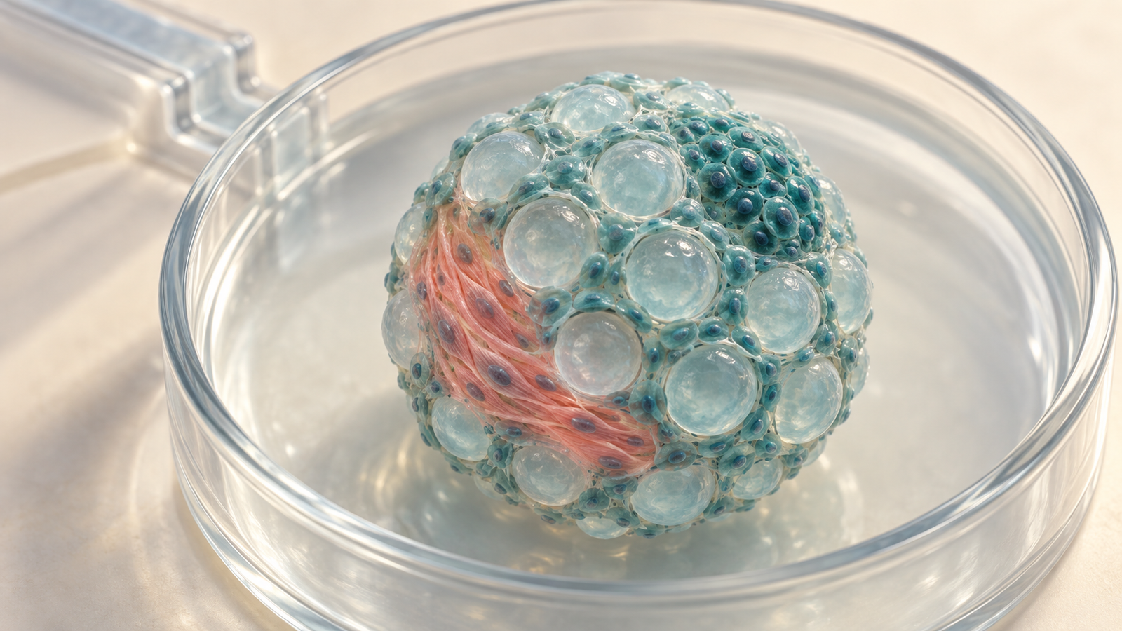 Editorial illustration of an iPSC tissue construct assembled around translucent PEG microgels in a culture well
