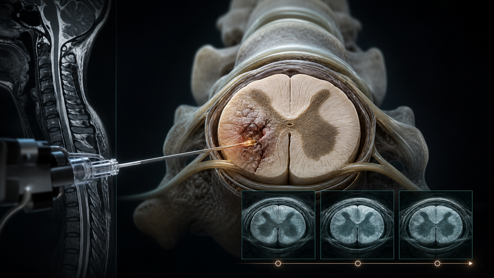 Editorial illustration of iPSC-derived neural progenitor cell delivery and long-term spinal cord imaging follow-up