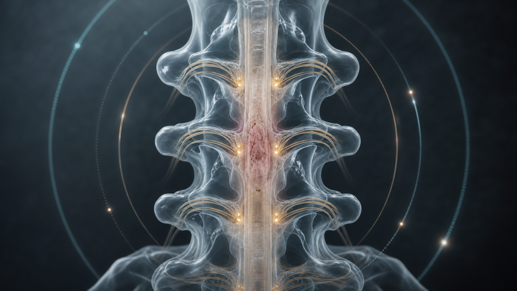 Editorial illustration of cervical spinal cord cell delivery and long-term safety surveillance