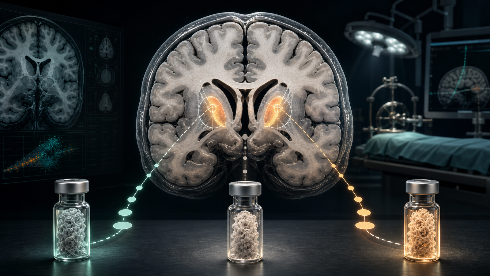 Editorial illustration of Parkinson dopaminergic cell replacement programs targeting the bilateral putamen