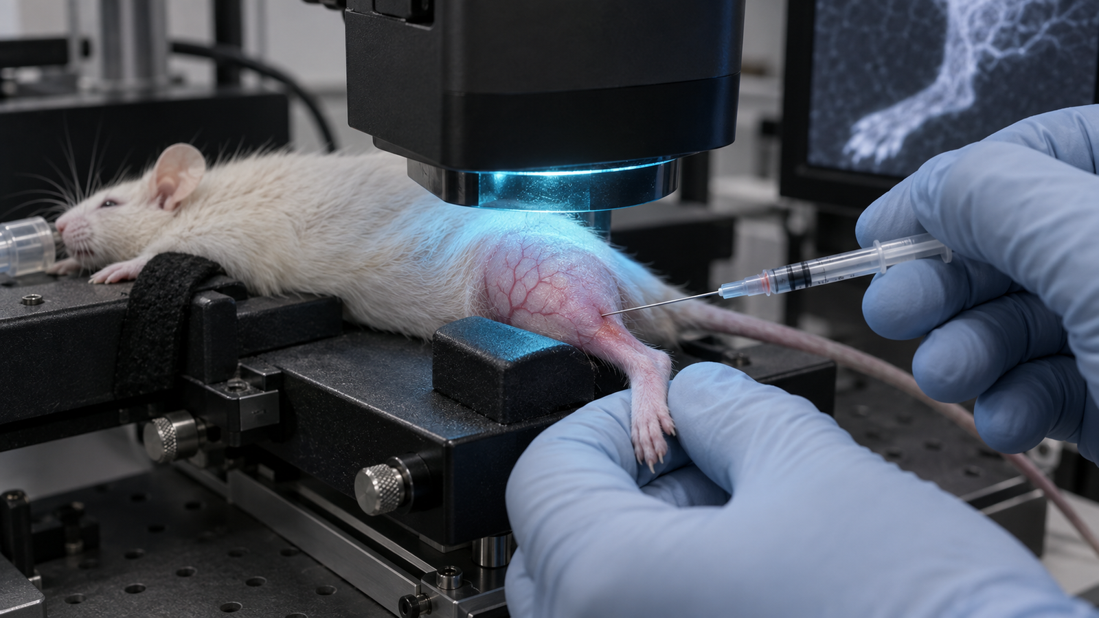 Editorial laboratory scene showing a mouse hindlimb beneath a perfusion-imaging head during local vascular-cell delivery
