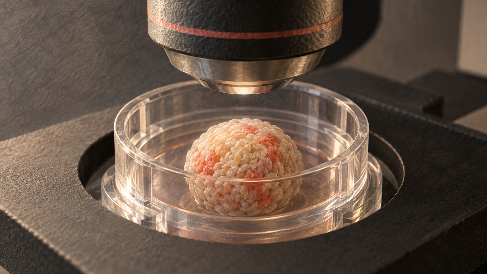 Editorial illustration of a cardiac tissue spheroid in a culture well beneath a microscope objective, with sparse coral-colored reporter-labeled regions